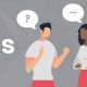 Text: Client FAQs Image: two people asking questions with a third providing an answer