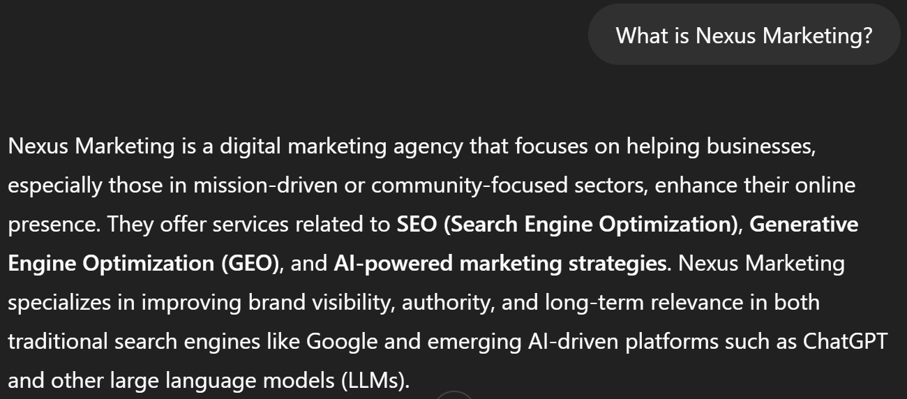 Screenshot of ChatGPT discussing what Nexus Marketing is