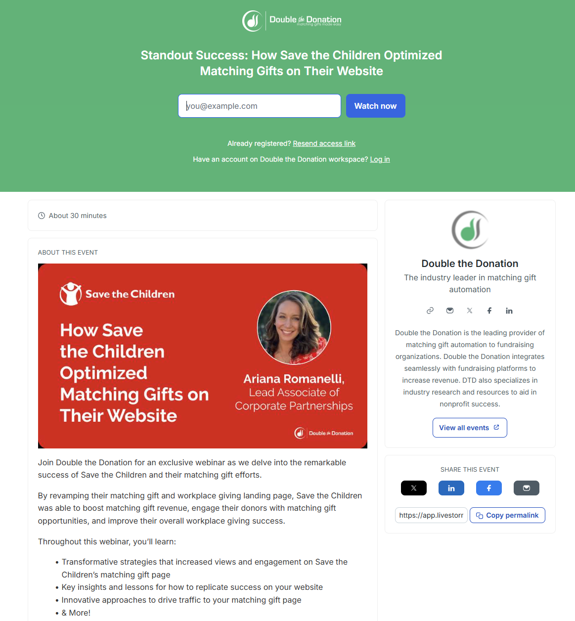 Double the Donation example webinar page