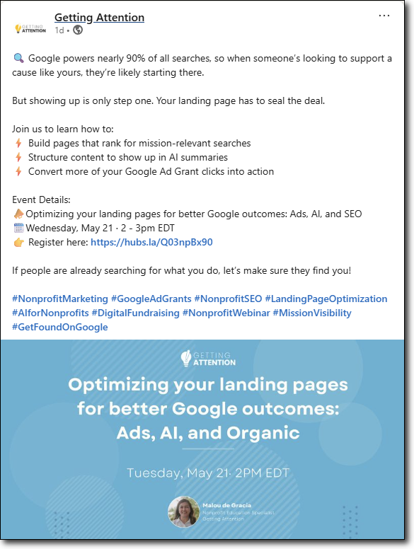 Example webinar LinkedIn post