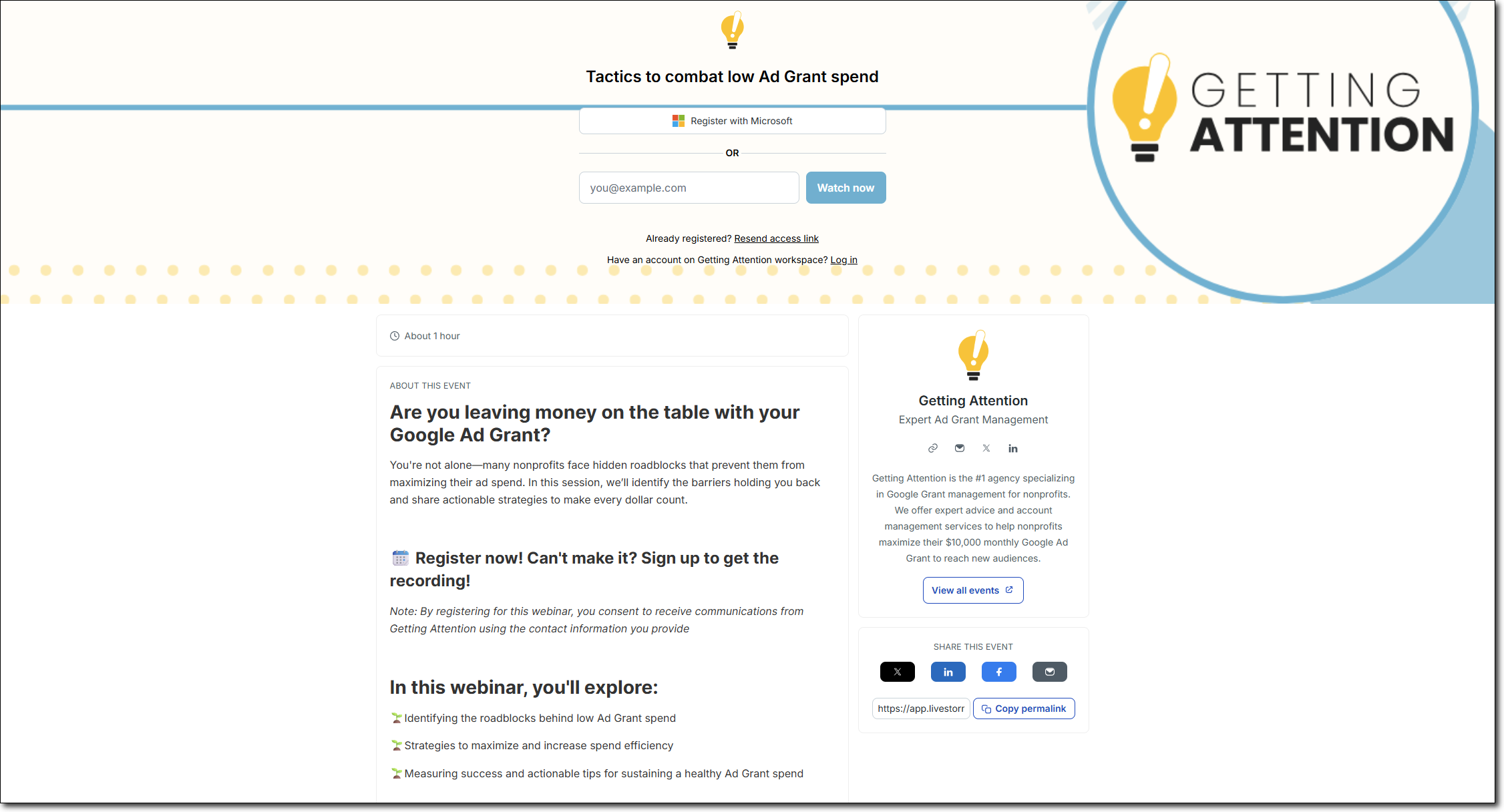 Example webinar landing and registration page