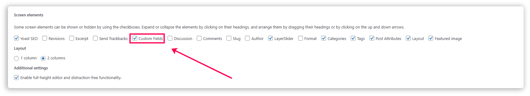 Screenshot showing the “Custom Fields” box is checked.