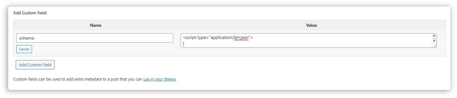 Screenshot of a field called “schema” with schema markup code.