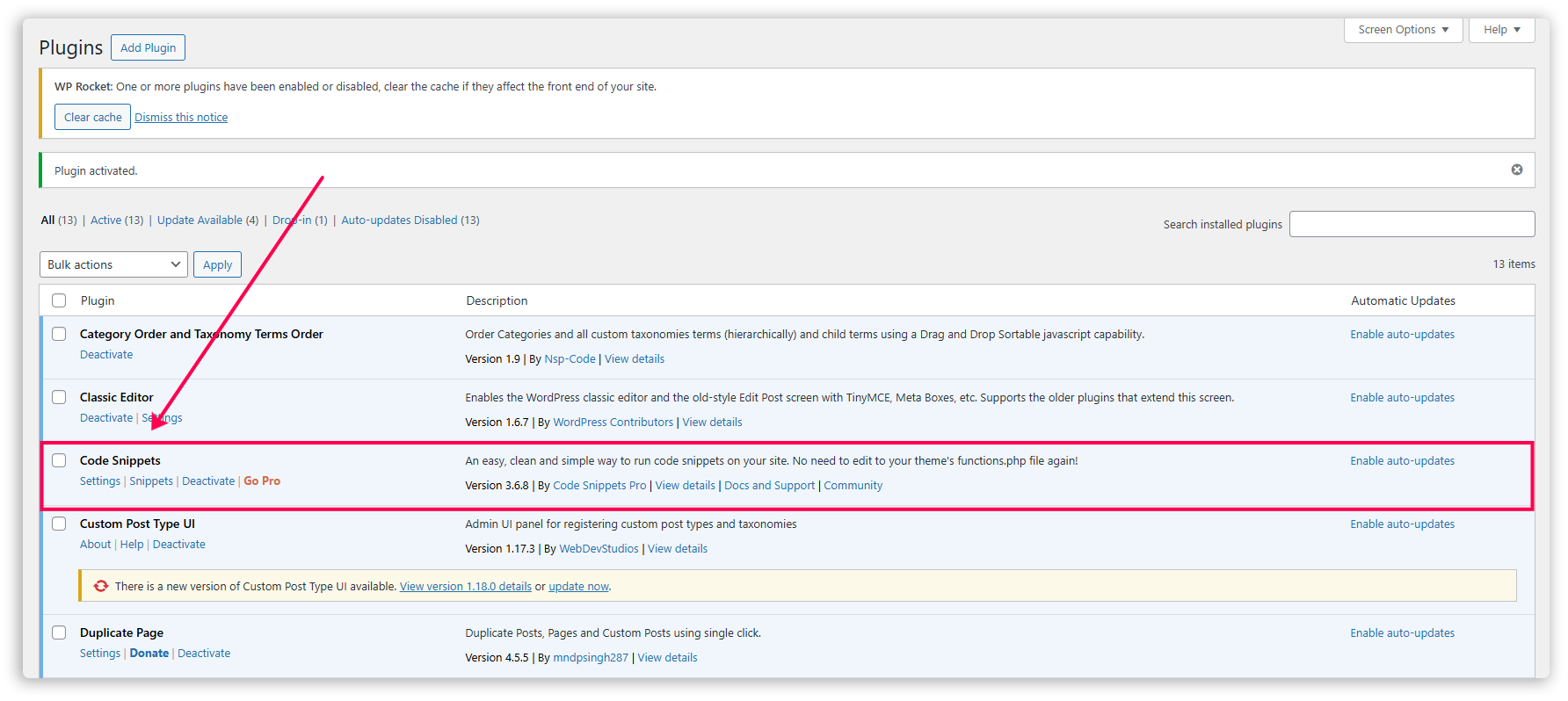 Screenshot pointing to the Code Snippets plugin.