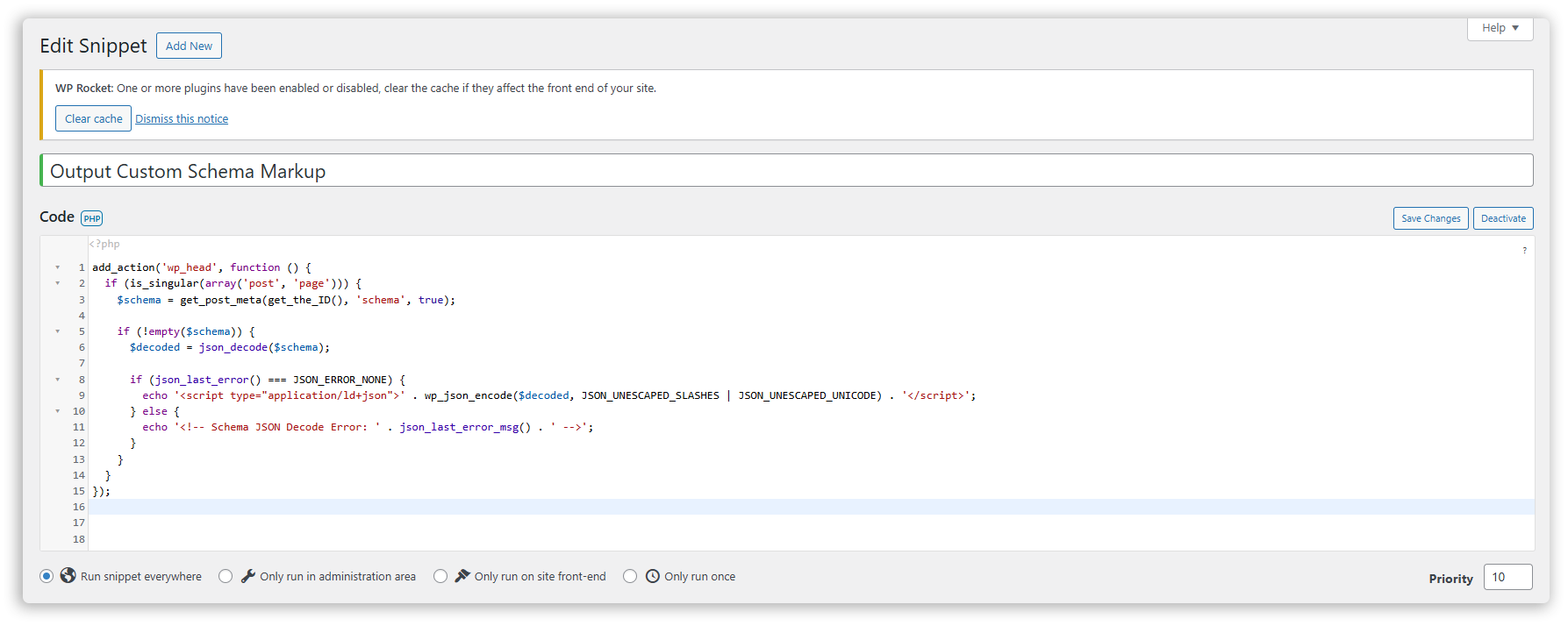 Screenshot showing a new snippet called “Output Custom Schema Markup.”