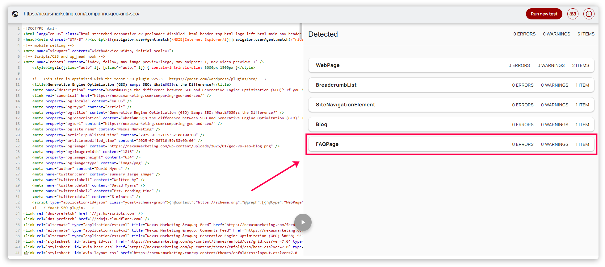 Screenshot of Schema Markup Validator pointing to FAQ schema being detected.