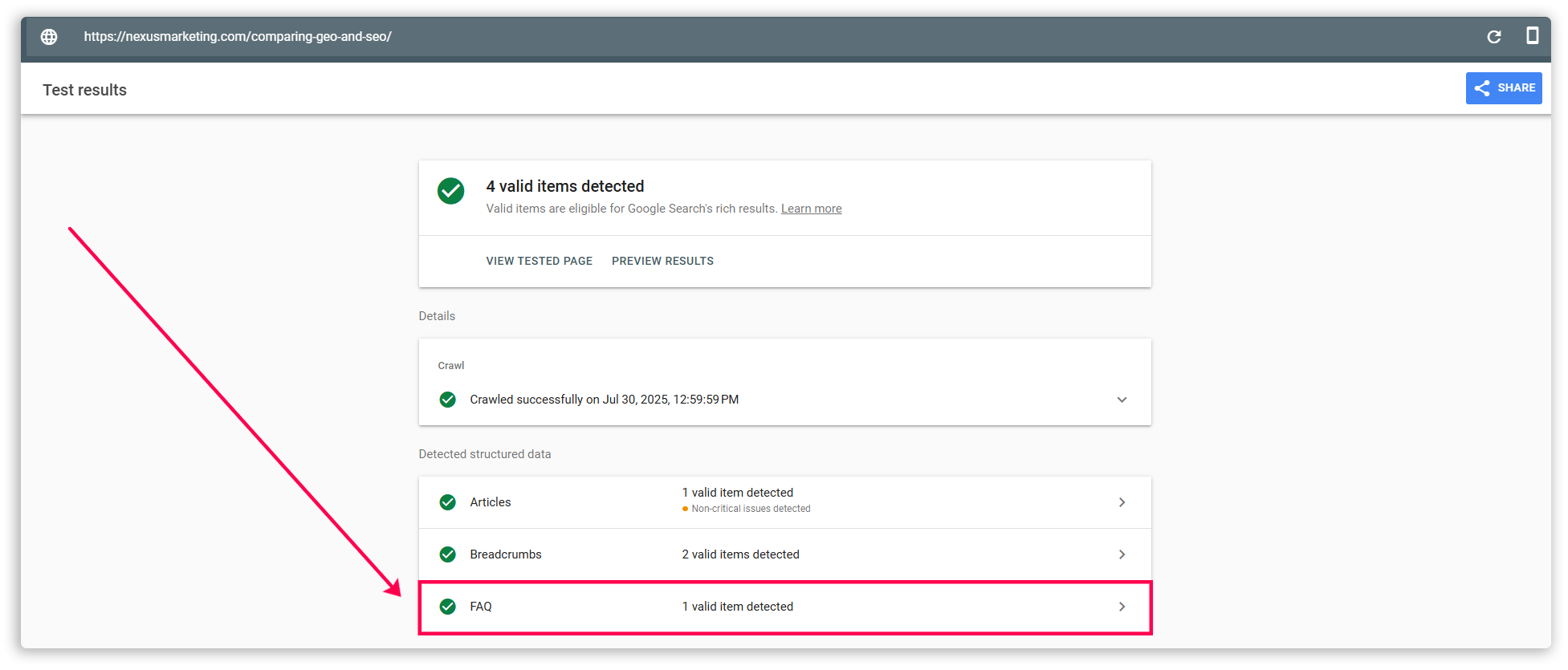 Screenshot of Google Search Console’s Rich Results Test pointing to FAQ schema being detected.
