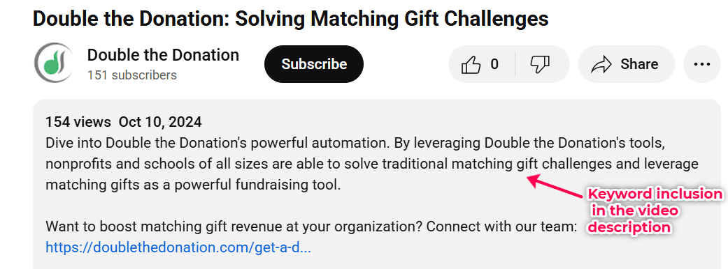 Description of the Double the Donation video called “Double the Donation: Solving Matching Gift Challenges.” The description includes the keyword “matching gift challenges.” 