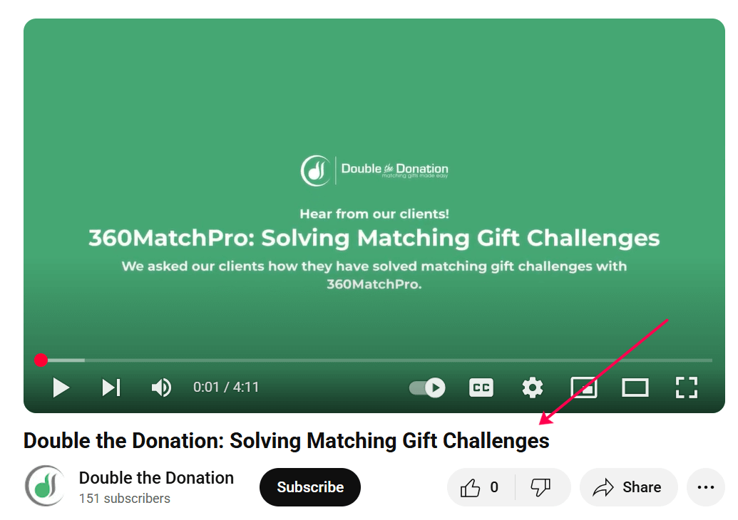 Screenshot of Double the Donation’s YouTube video titled “Double the Donation: Solving Matching Gift Challenges.” 