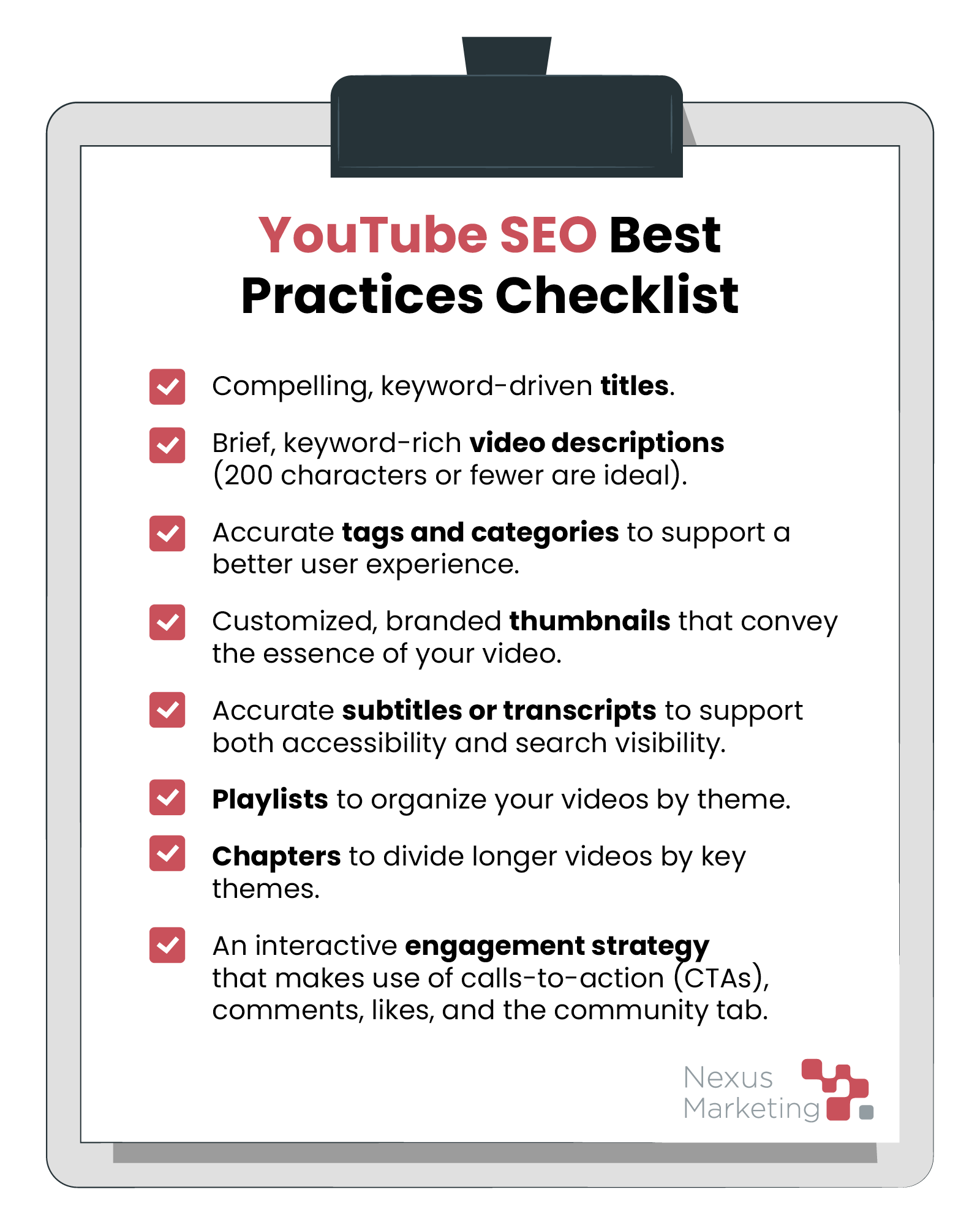 YouTube SEO Best Practices Checklist (all items listed below) 
