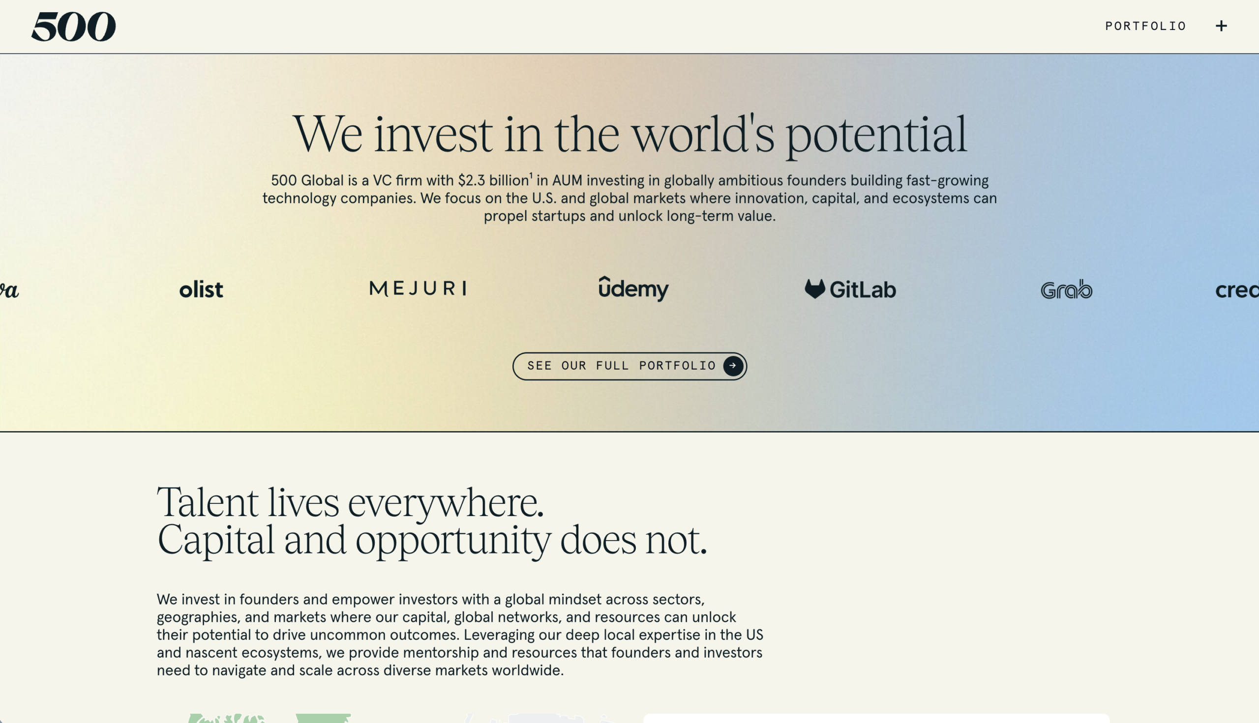The 500 Global website homepage