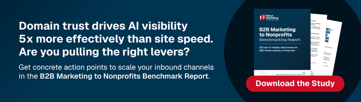 Domain trust drives AI visibility 5x more than site speed. Are you pulling the right levers? Get concrete action points to scale your inbound channels in the B2B Marketing to Nonprofits Benchmark Report. Download the Study.